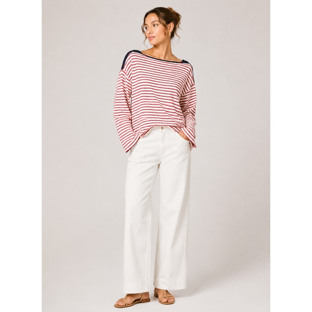 J.Crew Womens XS Striped Long Sleeve‎ Boatneck Tee Red White Navy Nautical Top